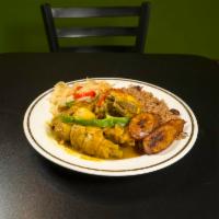 Curry Chicken · Serve with Rice and peas, Cabbage and Plantain or WhiteRice