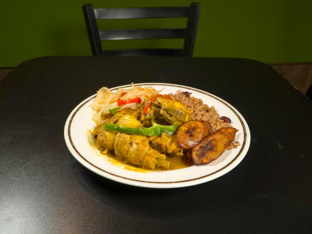 Curry Chicken · Serve with Rice and peas, Cabbage and Plantain or WhiteRice