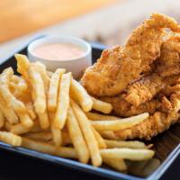 Chicken Tenders · Buttermilk marinated, hand breaded, and perfectly fried. Served with fries and your choice o...