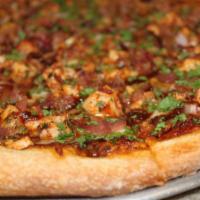 BBQ Bacon and Chicken Pizza · BBQ sauce, bacon, chicken, red onions, and cilantro.