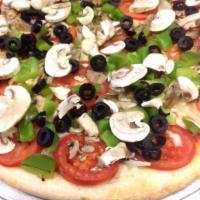 Vegetarian Italiano Autentico Pizza · Green peppers, mushrooms, olives, onions, and Roma tomatoes.