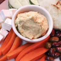 Hummus · Vegetarian friendly. Includes toasted pita, feta cheese, cucumber, carrots and olives.