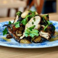 Coal Oven Half Chicken · roasted root vegetables, garlic yogurt, salsa verde, herbs