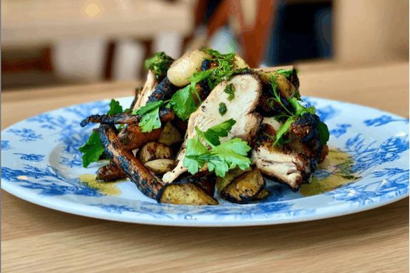 Coal Oven Half Chicken · roasted root vegetables, garlic yogurt, salsa verde, herbs