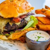 House Ground Prime Dry Aged Burger · coal fired onions, bacon, house pickles, cheddar, smoked horseradish-russian dressing, onion...