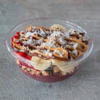 Frutella Acai Bowl · Organic acai with banana. Topped with granola, banana, strawberry, Nutella, peanut butter, a...
