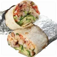 Chicken Tortilla Burrito · Marinated grilled Chicken burrito stuffed with zesty lime rice, with choice of beans, pico d...