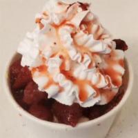 Strawberry Sundae · Scoops of vanilla ice cream with strawberries, whip cream, and strawberry syrup.