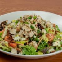 Chicken Cobb Salad · Grilled chicken, mixed greens, boiled egg, bacon, tomatoes, carrots, green onions, blue chee...