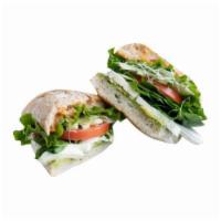 Panela Veggie Sandwich · Ciabatta bread, cucumber, alfalfa, chipotle dressing, panela cheese, tomato, lettuce, avocad...
