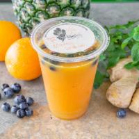 Mornin' Sunshine · Get going! Immune booster. Orange pineapple mint ginger infused with your choice blueberries...