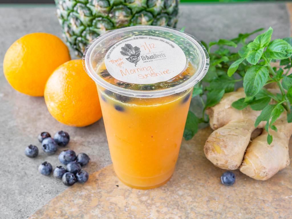 Mornin' Sunshine · Get going! Immune booster. Orange pineapple mint ginger infused with your choice blueberries. Anti-inflammatory, stabilize stomach to begin your day.