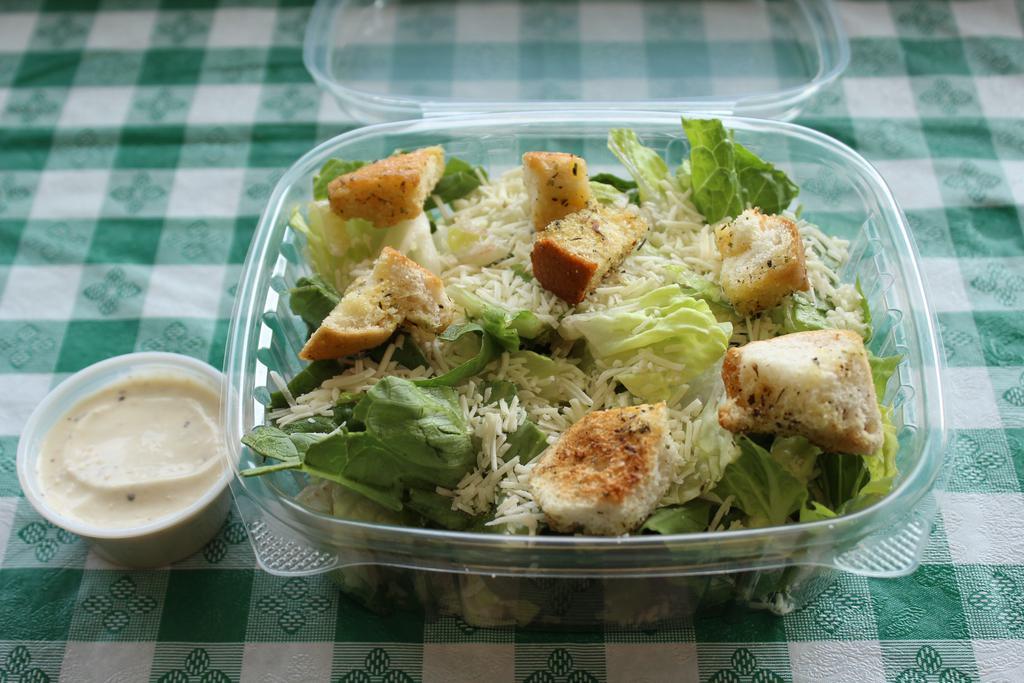 Caesar Salad · Grated Asiago cheese, croutons and Caesar dressing. Served on fresh, crisp romaine lettuce.