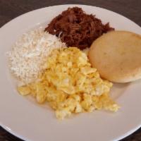 4. Latin Breakfast · 2 eggs, shredded meat, white cheese an arepa with latte.