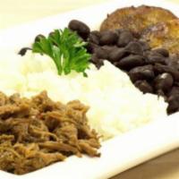 Latin Lunch · Shredded meat, black beans, white rice and fried plantains.