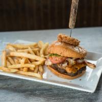 Brewhouse Smash Burger · Two 1/4 lb. smash burger patties, cheddar cheese, lettuce, tomato, sauteed onions, candied b...