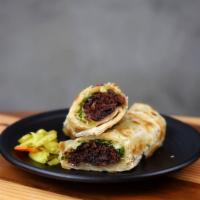 Beef Pancake Roll · 1 piece. Grilled pancake with shredded green onion, cilantro, beef, and sauces to your taste.
