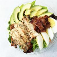 Cobb Salad · Avocado, bacon, hard boiled eggs, crumbled bleu cheese, and cheddar cheese over garden salad.