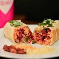 Burritos · Onions, cilantro, cheese, rice, beans, red salsa and green salsa.