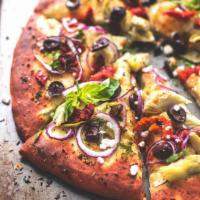 Large Indian Gourmet Veggie Pizza · Spicy sauce,  chese, cilantro, mushroom, bell pepper, onion and olives.
