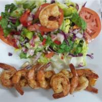 Grilled Shrimp  · Paired with the choice of 1 side: fried plantains, fries or rice and beans.