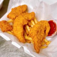 Plain Chicken Fingers · Breaded and fried chicken fingers. Available in two sizes and served with your choice of dip...