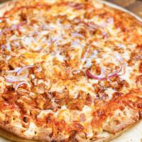 BBQ Chicken Pizza · Sliced grilled chicken smothered in BBQ sauce, topped with red onions and blended cheeses.