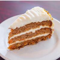 Carrot Cake · Triple layers of cake and cream cheese frosting. Pre-cut slices. 