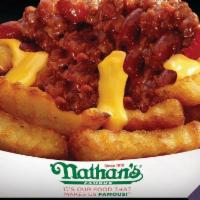 Chili Cheese Fries · Crinkle cut fries topped with Nathan's Chili and cheddar cheese sauce.