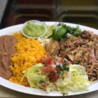Carnitas Plate · Served with rice, beans, and corn tortilla.