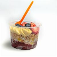 Acaí Bowl · Acai and house-made cashew milk blended together and topped with hempseed granola, fresh str...