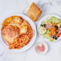 Chicken Cutlet Parmigiana · Served with salad, bread and choice of pasta.
