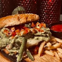 Roasted Jalapeno Burger · 80z beef patty,  Roasted jalapeno slices , guacamole, swiss cheese, chipotle ranch, 
Topped ...