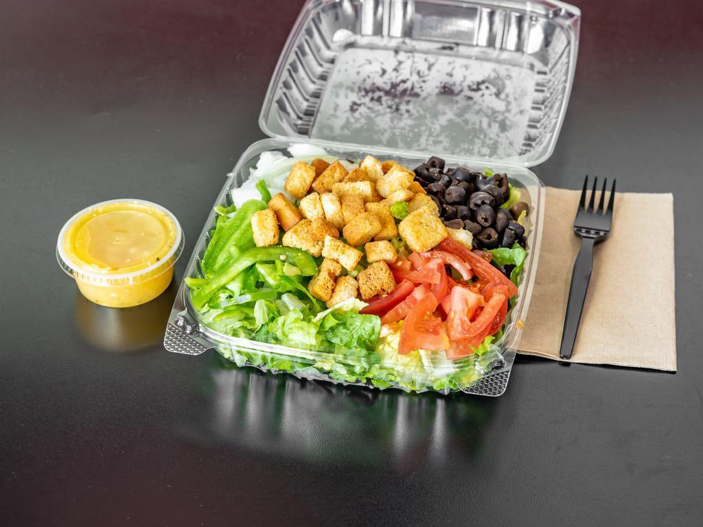 Garden Salad · Onion, green peppers, black olives, mushrooms and tomatoes, served on romaine lettuce with your choice of dressing.