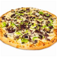 Philly Steak Pizza · Steak, mushrooms, onions, green peppers, white American and mozzarella cheese.