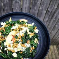 Kale Salad · Kale, apples, toasted pepitas, blue cheese, Sherry vinaigrette