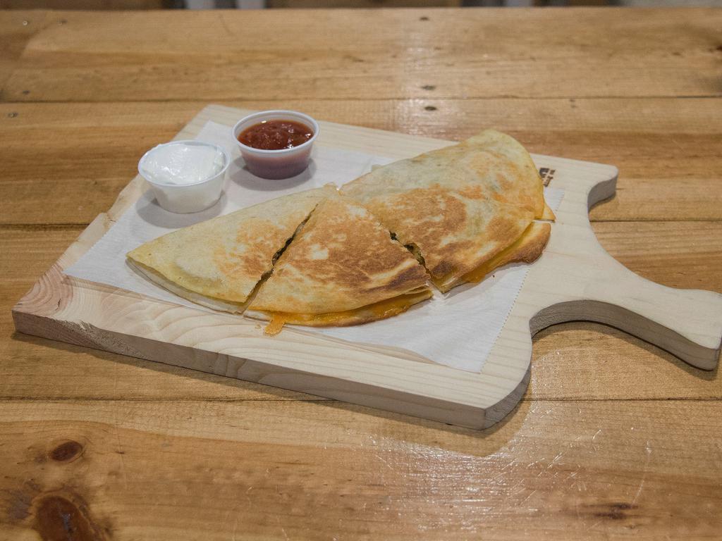 Quesadilla of Benjamin Button · Flour tortilla with cheddar cheese, jalapenos and black beans. Your choice of bacon, ground beef, chicken or pulled pork served with side of salsa and sour cream upon request.