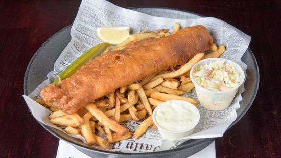 Fish and Chips · Beer battered and fried golden brown. Served with tartar sauce, coleslaw, a lemon wedge and fresh cut fries.