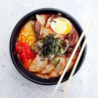 Angry Zuko Ramen · Spicy creamy pork broth, pork belly, egg noodles, sweetcorn, bamboo shoots, bean sprouts, bl...