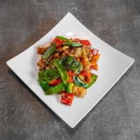 T1. Thai Spicy Basil (Pad Karpaow) · Fresh basil, garlic, bell pepper and white onions stir-fry in chili basil sauce. Hot and spi...