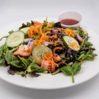 Fresh Garden Salad · Mixed greens, tomato, carrot, red onion, & cucumber with your choice of protein.
