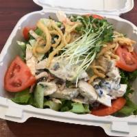 Oriental Chicken Salad · Chicken, broccoli, carrots, olives, mushrooms and cucumbers tossed in a creamy dressing topp...