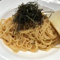Tarako · Salted cod fish eggs in a Japanese sauce with spaghetti pasta. Served with garlic bread.