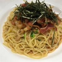 Natto and Bacon · Fermented soybeans and bacon in a Japanese sauce with spaghetti pasta. Served with garlic br...