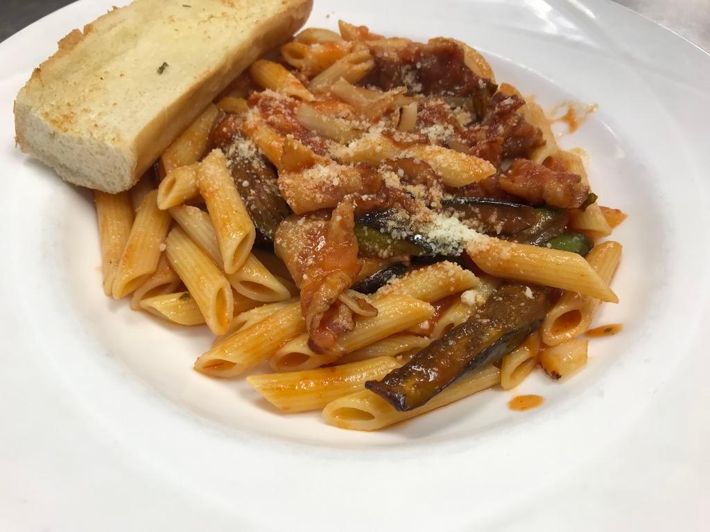 Eggplant Penne Arrabbiata · Penne pasta with onions, bacon and eggplant in a spicy tomato garlic oil sauce. Served with garlic bread.