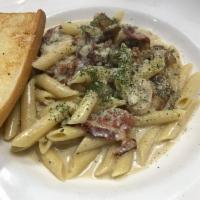 Mushroom and Bacon with Gorgonzola Sauce · Penne pasta with mushrooms, bacon and onions in a Gorgonzola cream sauce. Served with garlic...