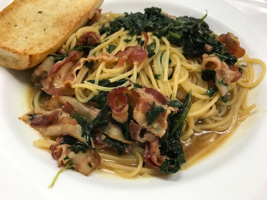 Spinach and Bacon Pasta · Bacon and spinach with spaghetti pasta, 8 sauces to choose from. Served with garlic bread.