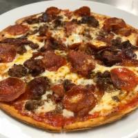 10” Meat Lover's Pizza · Pepperoni, bacon, spicy ground beef, sausage, cheese with tomato sauce on our thin crust, ma...