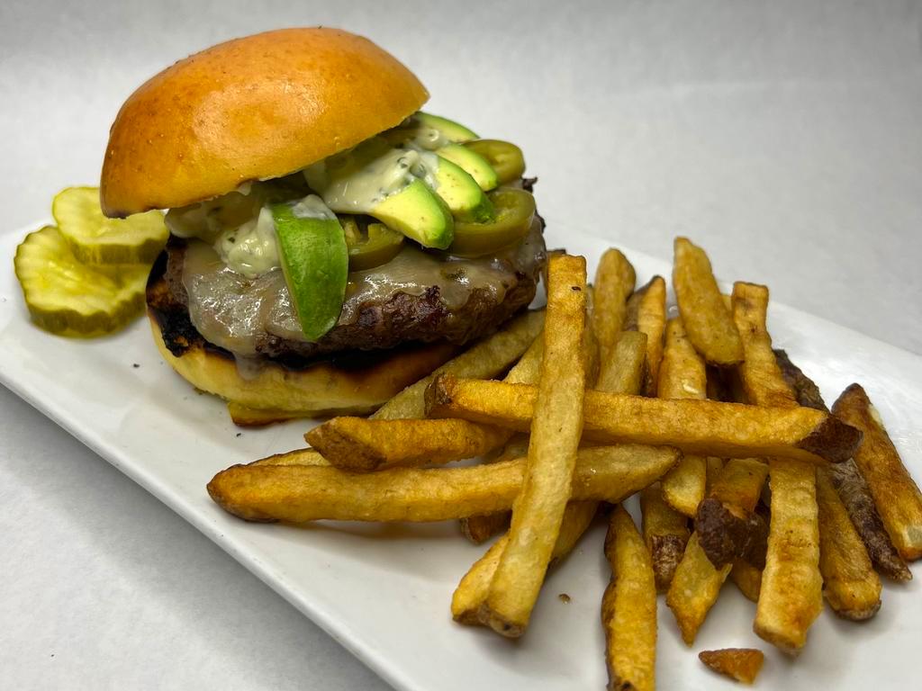 SOUTH BY BURGER · pepper jack cheese, avocado, homemade pickled jalapeño and garlic cilantro mayo
