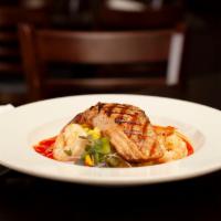 Grilled Salmon & Prawn Risotto · lemon parmesan risotto & roasted red pepper coulis 